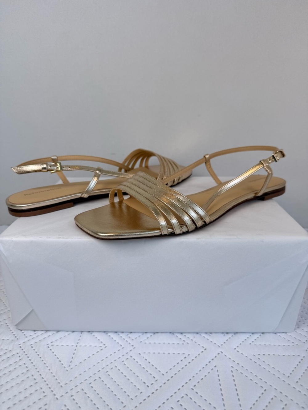 Reformation Millie Lattice Flat Slingback Gold Sandals Size 9.5